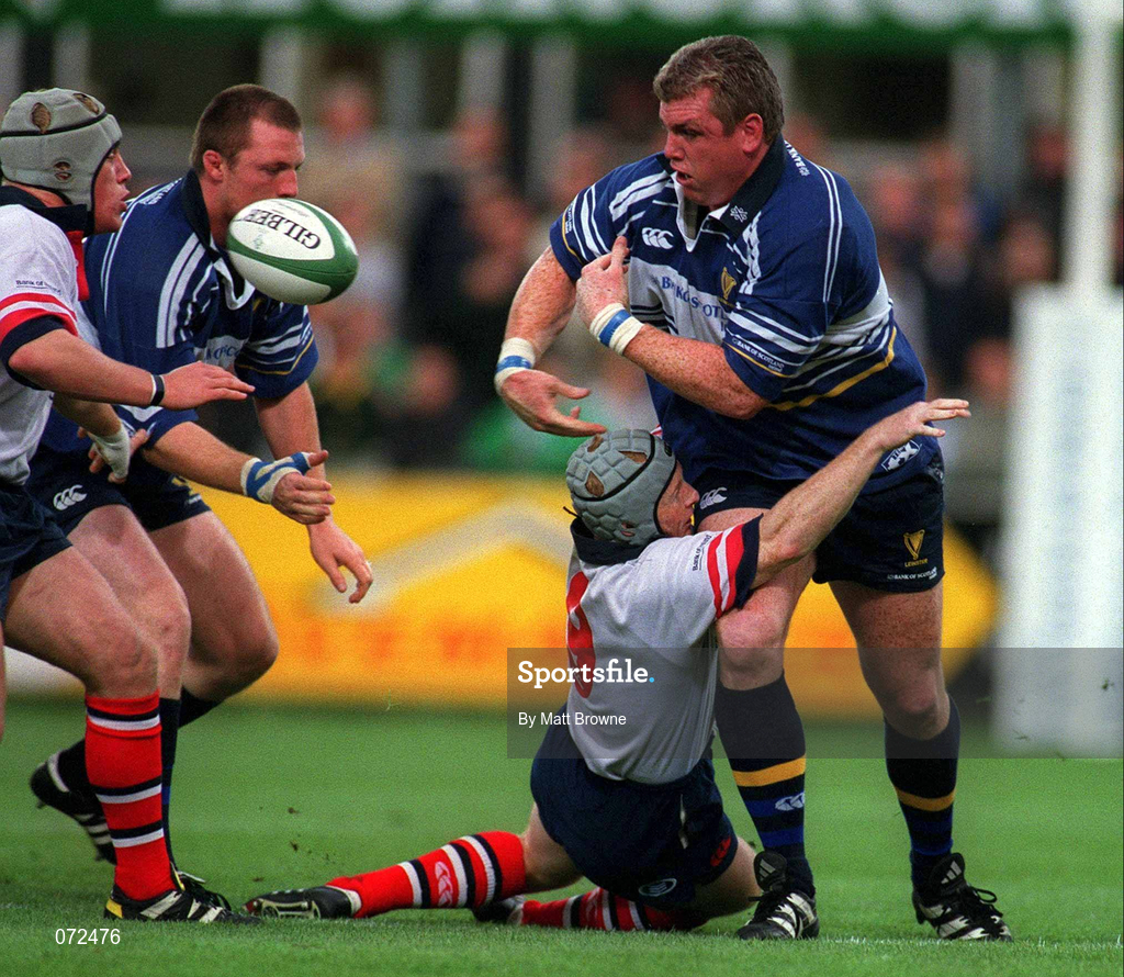 31 August 2001; Victor Costello of Leinster in action against Neil Doak of Ulster during the Celtic League match between Leinster and Ulster at Donnybrook Stadium in Dublin. Photo by Matt Browne/Sportsfile