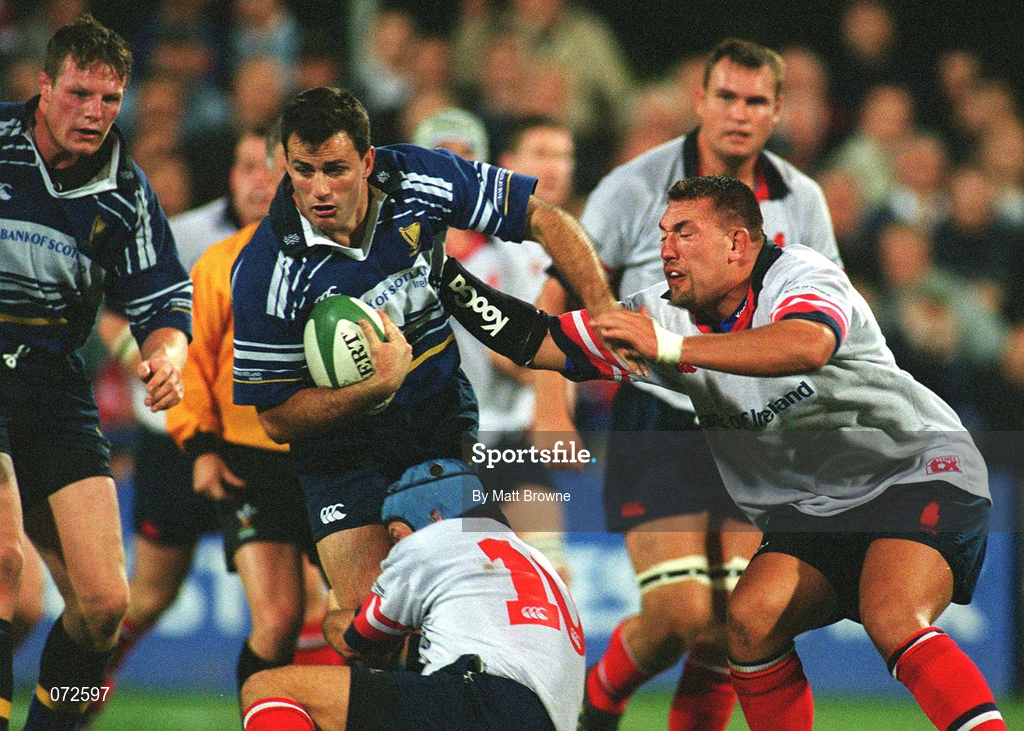 31 August 2001; Nathan Spooner of Leinster in action against Ulster's David Humphreys, 10, and Justin Fitzpatrick of Ulster during the Celtic League match between Leinster and Ulster at Donnybrook Stadium in Dublin. Photo by Matt Browne/Sportsfile