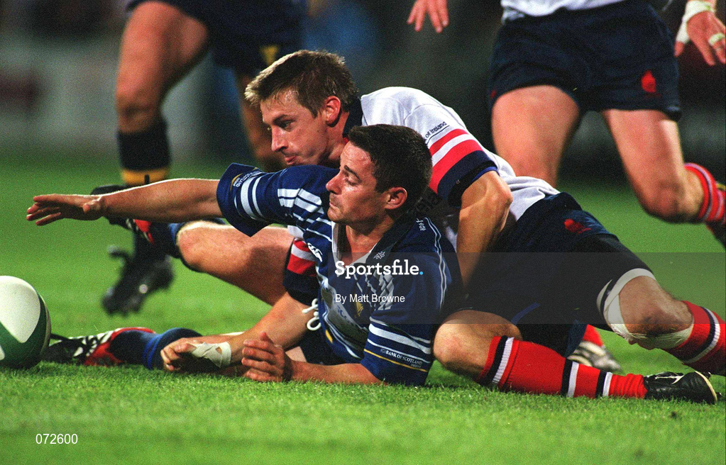 31 August 2001; Brian O'Meara of Leinster in action against Tyrone Howe of Ulster during the Celtic League match between Leinster and Ulster at Donnybrook Stadium in Dublin. Photo by Matt Browne/Sportsfile