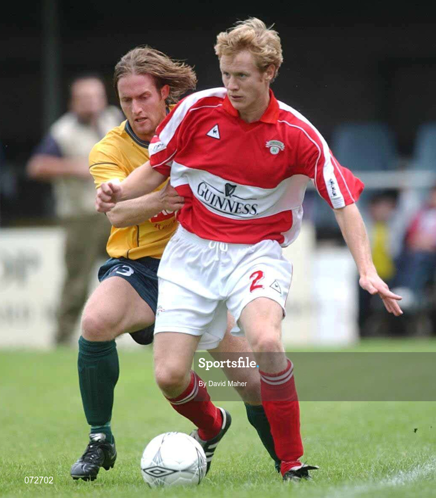 19 August 2001; Colin O'Brien of Cork City in action against Simon Webb of Bohemians during the eircom League Premier Division match between Cork City and Bohemians at Turners Cross in Cork. Photo by David Maher/Sportsfile