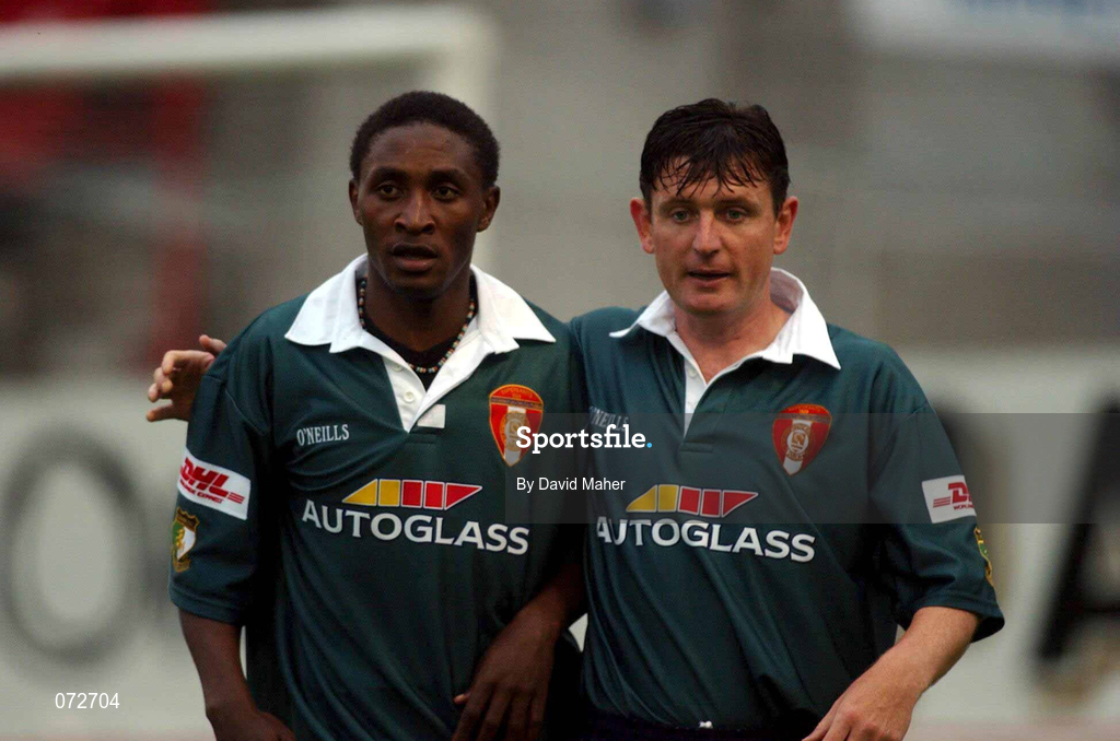 17 August 2001; Mbabazi Livingstone, left and Martin Russell of St. Patrick's Athletic during the eircom League Premier Division match between Shelbourne and St. Patrick's Athletic at Tolka Park in Dublin. Photo by David Maher/Sportsfile