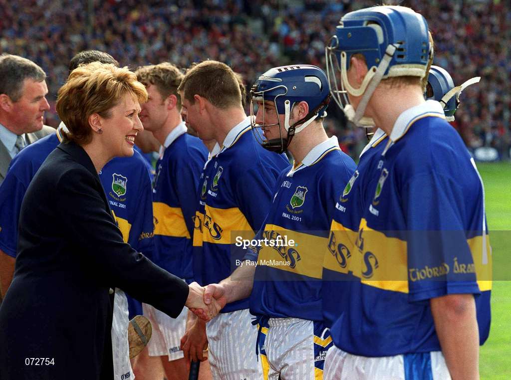 9 September 2001; President of Ireland Mary McAleese meets the Tipperary team prior to the Guinness All-Ireland Senior Hurling Championship Final match between Tipperary and Galway at Croke Park in Dublin. Photo by Ray McManus/Sportsfile