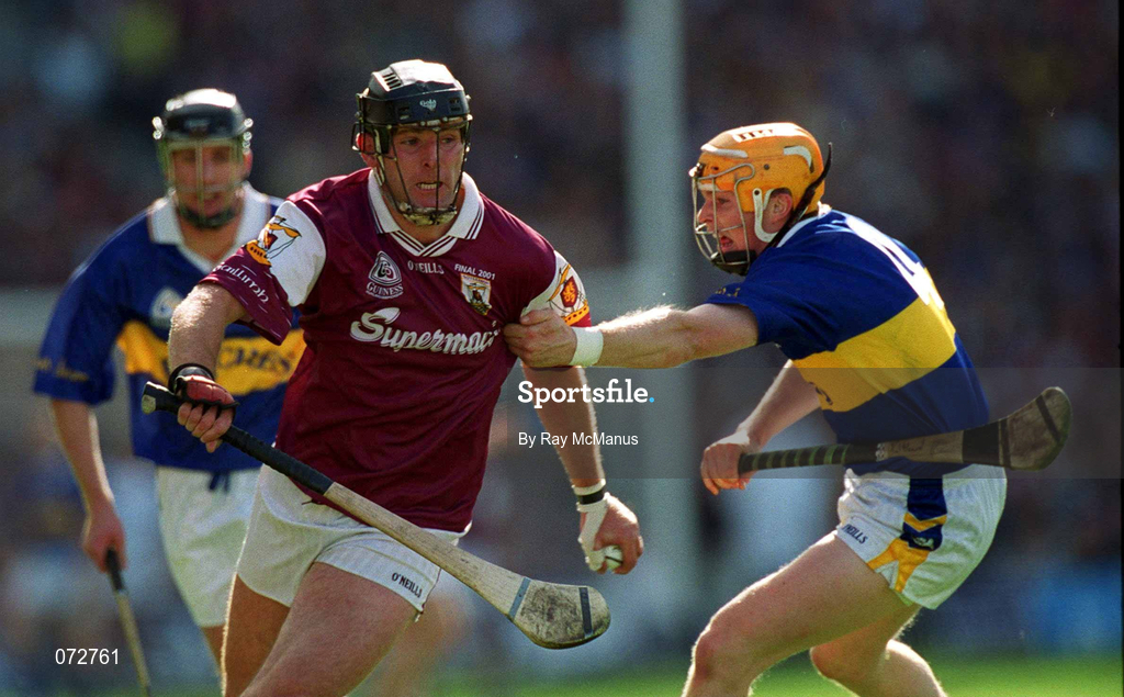 9 September 2001; Joe Rabbitte of Galway in action against Paul Ormonde of Tipperary during the Guinness All-Ireland Senior Hurling Championship Final match between Tipperary and Galway at Croke Park in Dublin. Photo by Ray McManus/Sportsfile