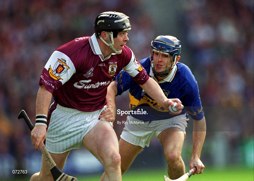 9 September 2001; Eugene Cloonan of Galway in action against Paul Kelly of Tipperary during the Guinness All-Ireland Senior Hurling Championship Final match between Tipperary and Galway at Croke Park in Dublin. Photo by Ray McManus/Sportsfile