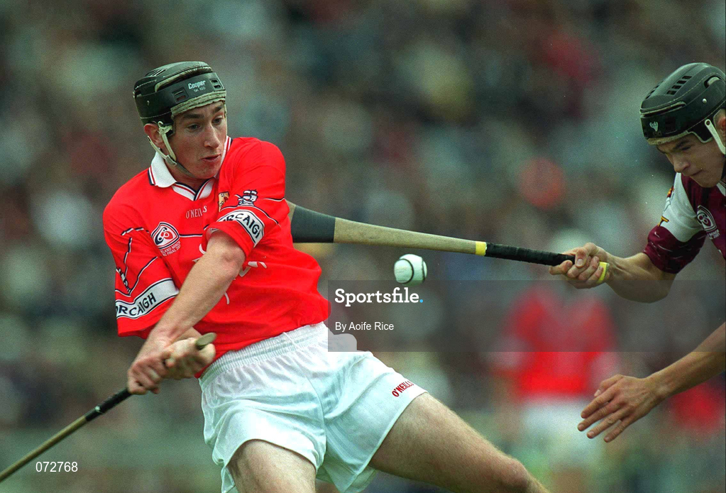 9 September 2001; John Gardiner of Cork in action against Johnnie Maher of Galway during the All-Ireland Minor Hurling Championship Final between Cork and Galway at Croke Park in Dublin. Photo by Aoife Rice/Sportsfile