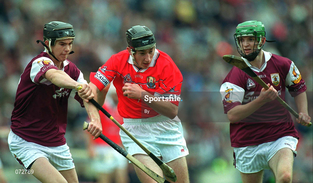 9 September 2001; John Gardiner of Cork in action against Johnnie Maher and Adrian Cullinane of Galway during the All-Ireland Minor Hurling Championship Final between Cork and Galway at Croke Park in Dublin. Photo by Aoife Rice/Sportsfile