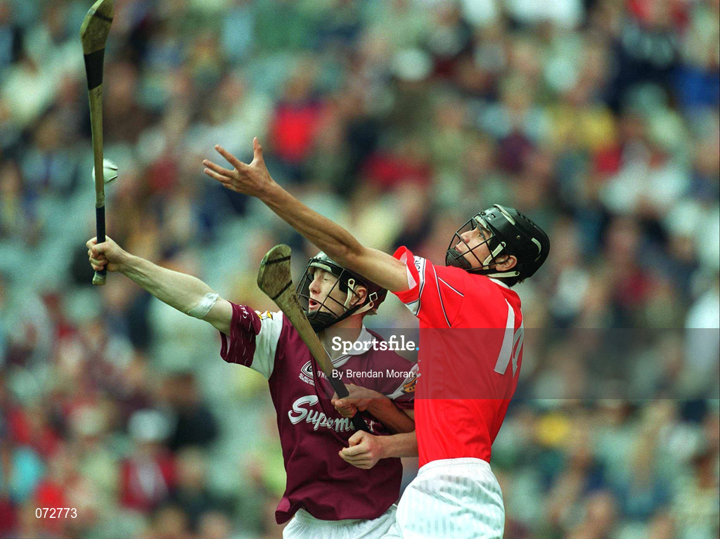 9 September 2001; Setanta Ó hAilpín of Cork in action against Ciaran Finnerty of Galway during the All-Ireland Minor Hurling Championship Final between Cork and Galway at Croke Park in Dublin. Photo by Brendan Moran/Sportsfile