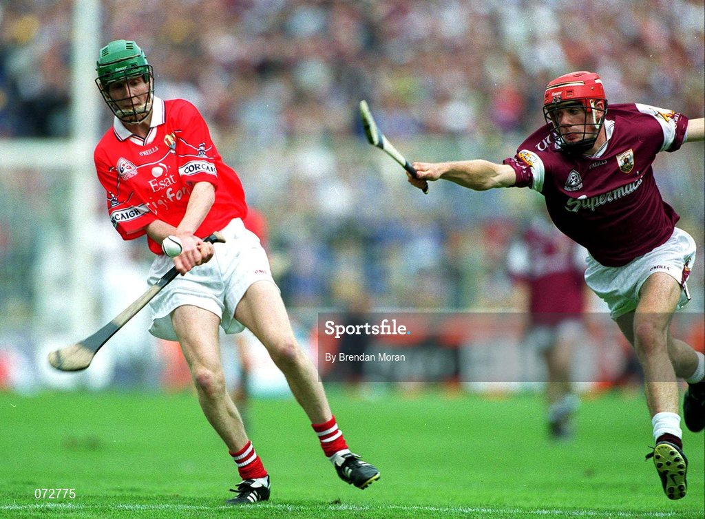 9 September 2001; John O'Connor of Cork in action against Tom Tierney of Galway during the All-Ireland Minor Hurling Championship Final between Cork and Galway at Croke Park in Dublin. Photo by Brendan Moran/Sportsfile