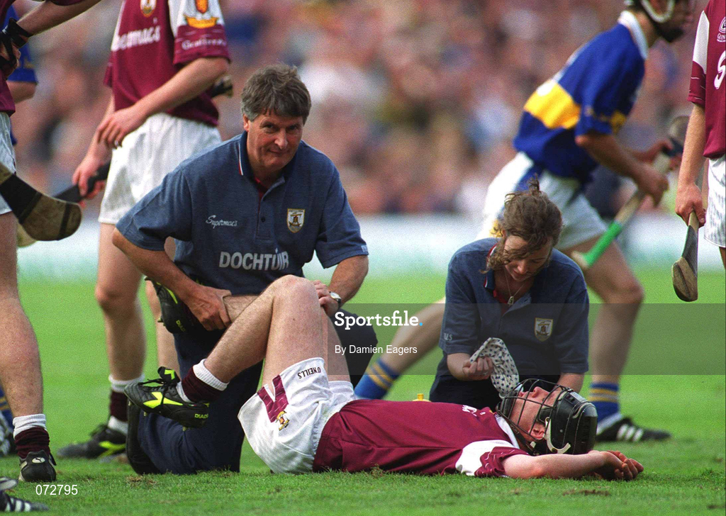 9 September 2001; Alan Kerins of Galway receives medical attention during the Guinness All-Ireland Senior Hurling Championship Final match between Tipperary and Galway at Croke Park in Dublin. Photo by Damien Eagers/Sportsfile