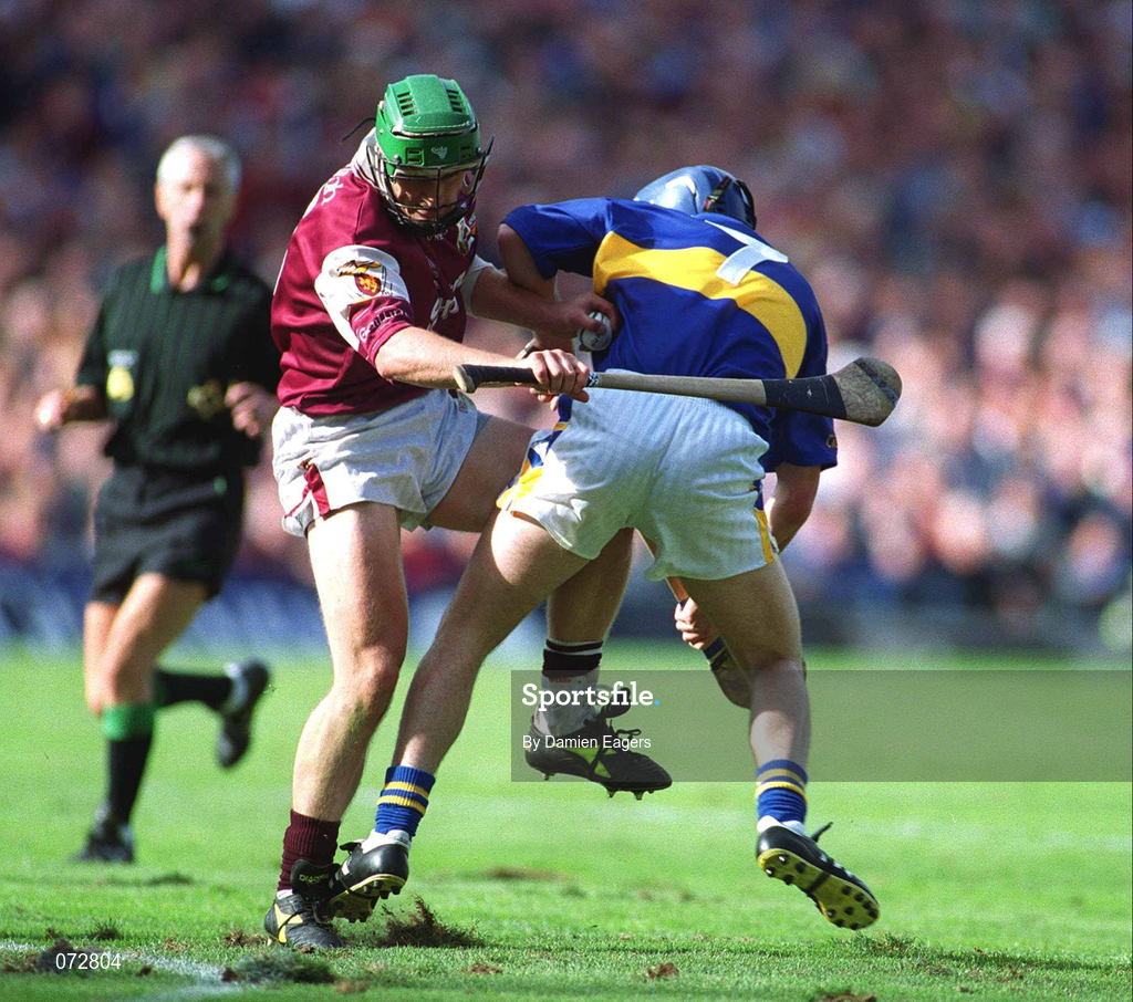 9 September 2001; Fergal Healy of Galway in action against Paul Kelly of Tipperary during the Guinness All-Ireland Senior Hurling Championship Final match between Tipperary and Galway at Croke Park in Dublin. Photo by Damien Eagers/Sportsfile