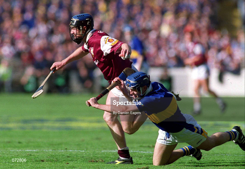9 September 2001; Liam Hodgins of Galway in action against Paul Kelly of Tipperary during the Guinness All-Ireland Senior Hurling Championship Final match between Tipperary and Galway at Croke Park in Dublin. Photo by Damien Eagers/Sportsfile