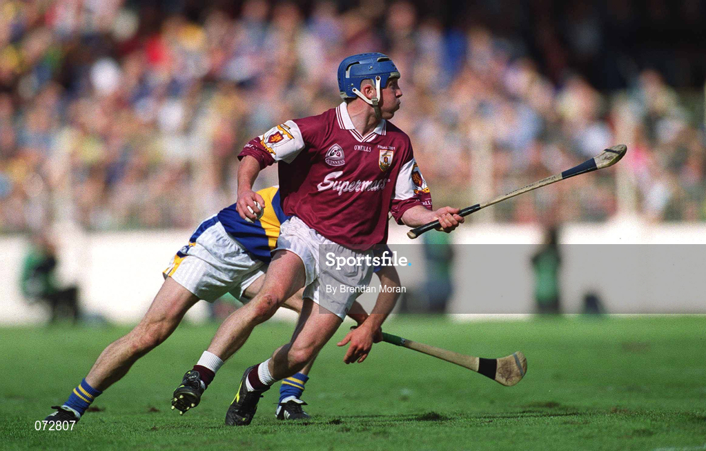 9 September 2001; Kevin Broderick of Galway in action against Thomas Dunne of Tipperary during the Guinness All-Ireland Senior Hurling Championship Final match between Tipperary and Galway at Croke Park in Dublin. Photo by Brendan Moran/Sportsfile