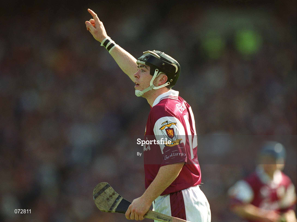 9 September 2001; Eugene Cloonan of Galway celebrates scoring a point during the Guinness All-Ireland Senior Hurling Championship Final match between Tipperary and Galway at Croke Park in Dublin. Photo by Aoife Rice/Sportsfile