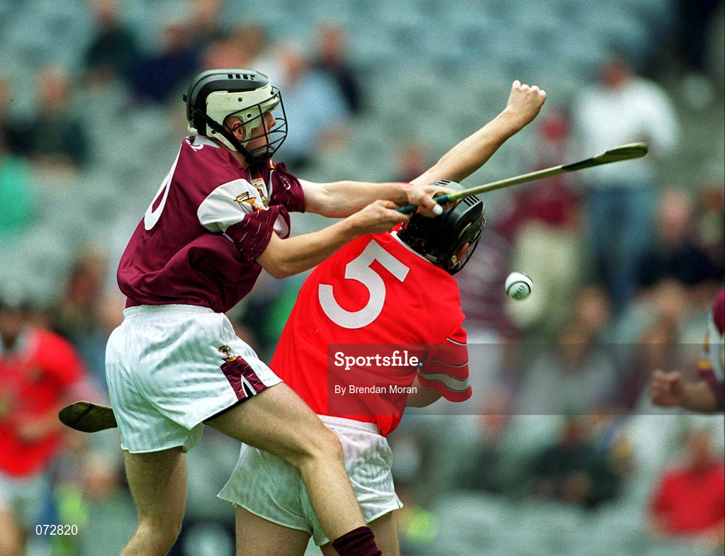 9 September 2001; Brendan Lucas of Galway in action against Shane Murphy of Cork during the All-Ireland Minor Hurling Championship Final between Cork and Galway at Croke Park in Dublin. Photo by Brendan Moran/Sportsfile