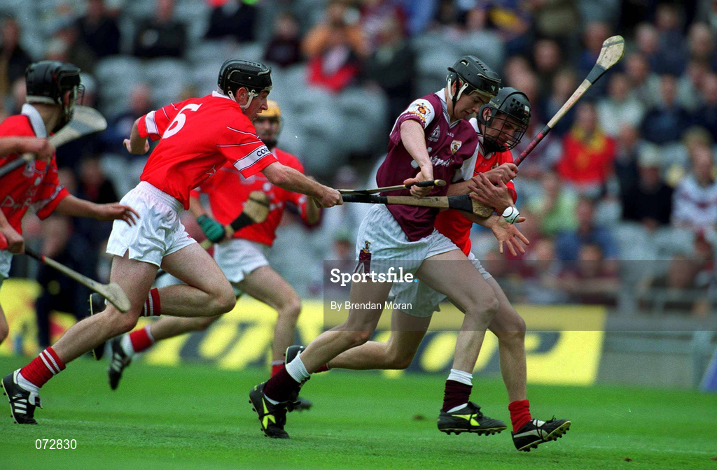 9 September 2001; Johnnie Maher of Galway in action against John Gardiner, left, and Cian O'Connor of Cork during the All-Ireland Minor Hurling Championship Final between Cork and Galway at Croke Park in Dublin. Photo by Brendan Moran/Sportsfile