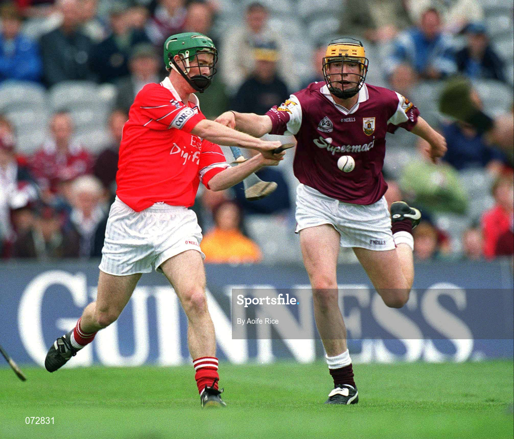 9 September 2001; Fergus Murphy of Cork in action against Cathal Dervan of Galway during the All-Ireland Minor Hurling Championship Final between Cork and Galway at Croke Park in Dublin. Photo by Aoife Rice/Sportsfile