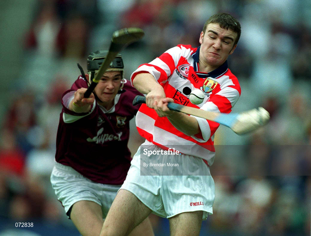 9 September 2001; Johnnie Maher of Galway attempts to block Cork goalkeeper Martin Coleman during the All-Ireland Minor Hurling Championship Final between Cork and Galway at Croke Park in Dublin. Photo by Brendan Moran/Sportsfile