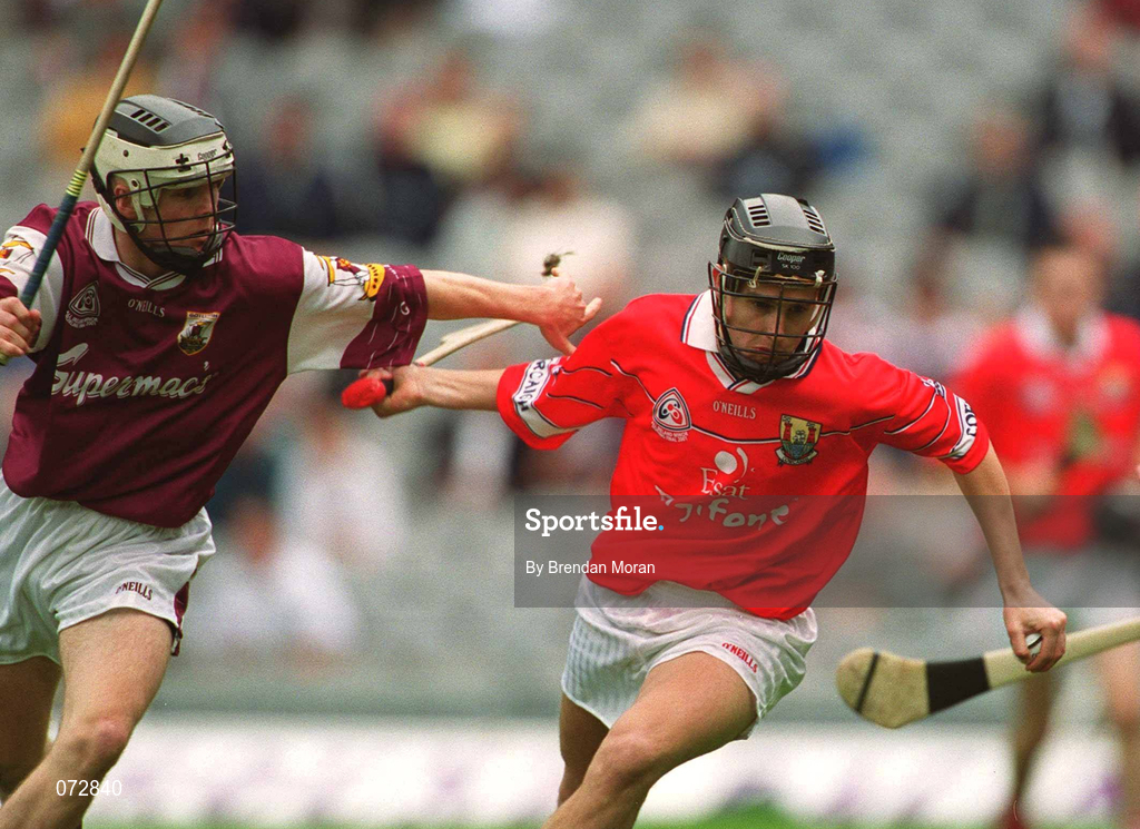 9 September 2001; Kevin Goggin of Cork in action against Brendan Lucas of Galway during the All-Ireland Minor Hurling Championship Final between Cork and Galway at Croke Park in Dublin. Photo by Brendan Moran/Sportsfile