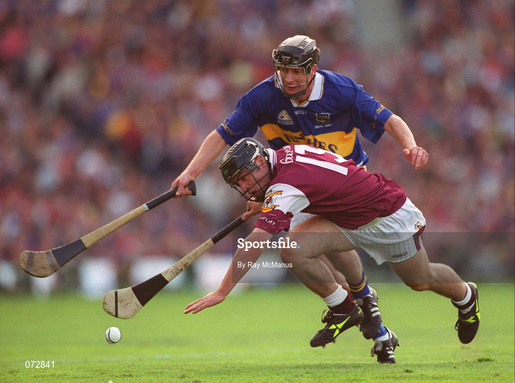 9 September 2001; Alan Kerins of Galway in action against Eddie Enright of Tipperary during the Guinness All-Ireland Senior Hurling Championship Final match between Tipperary and Galway at Croke Park in Dublin. Photo by Ray McManus/Sportsfile