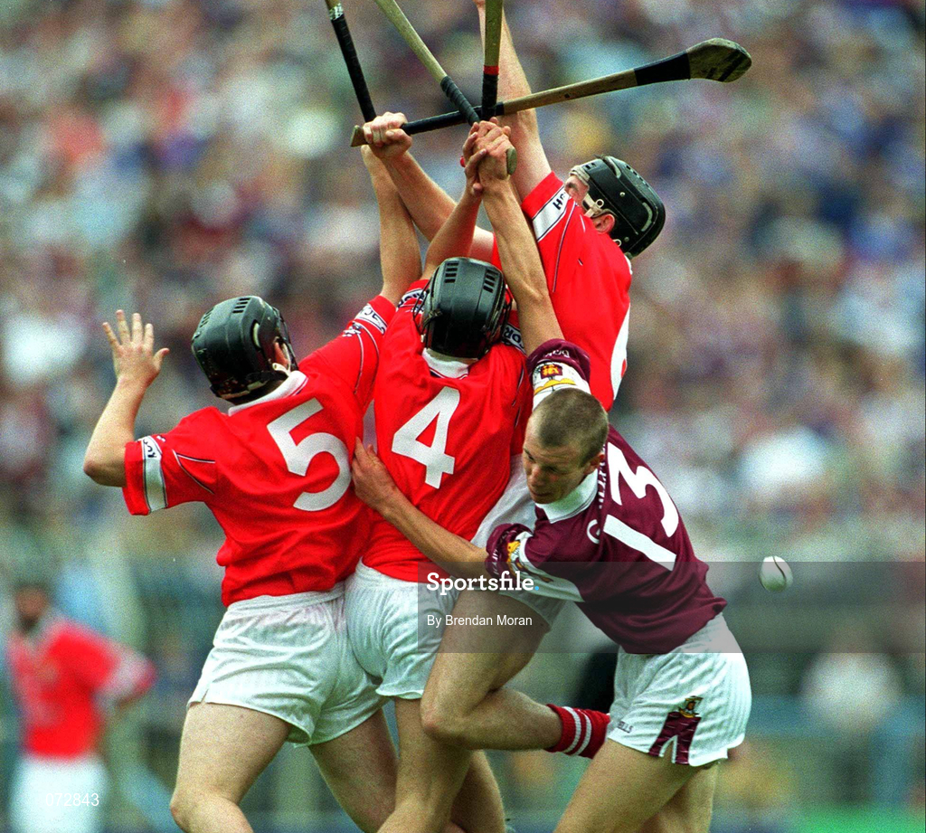 9 September 2001; Joe Gantley of Galway in action against Shane Murphy, 5, Kevin Goggin, 4, and John Gardiner of Cork during the All-Ireland Minor Hurling Championship Final between Cork and Galway at Croke Park in Dublin. Photo by Brendan Moran/Sportsfile