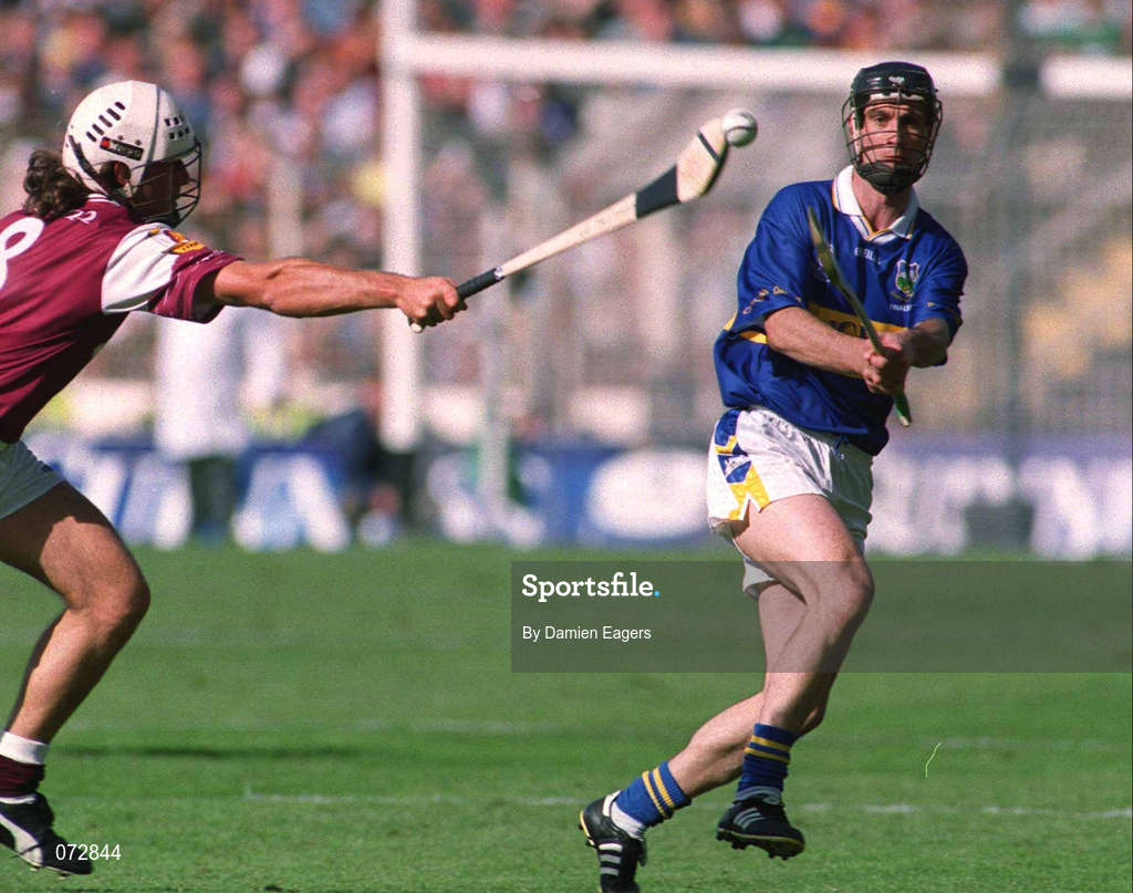 9 September 2001; Thomas Dunne of Tipperary in action against David Tierney of Galway during the Guinness All-Ireland Senior Hurling Championship Final match between Tipperary and Galway at Croke Park in Dublin. Photo by Damien Eagers/Sportsfile