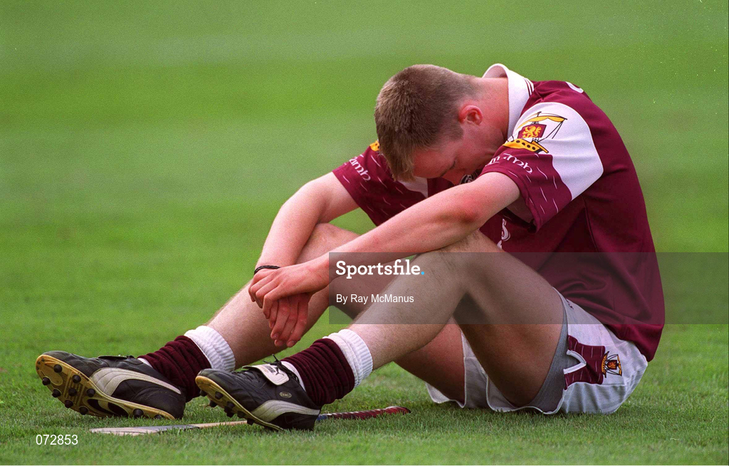 9 September 2001; Cathal Dervan of Galway dejected following his side's defeat in the All-Ireland Minor Hurling Championship Final between Cork and Galway at Croke Park in Dublin. Photo by Ray McManus/Sportsfile