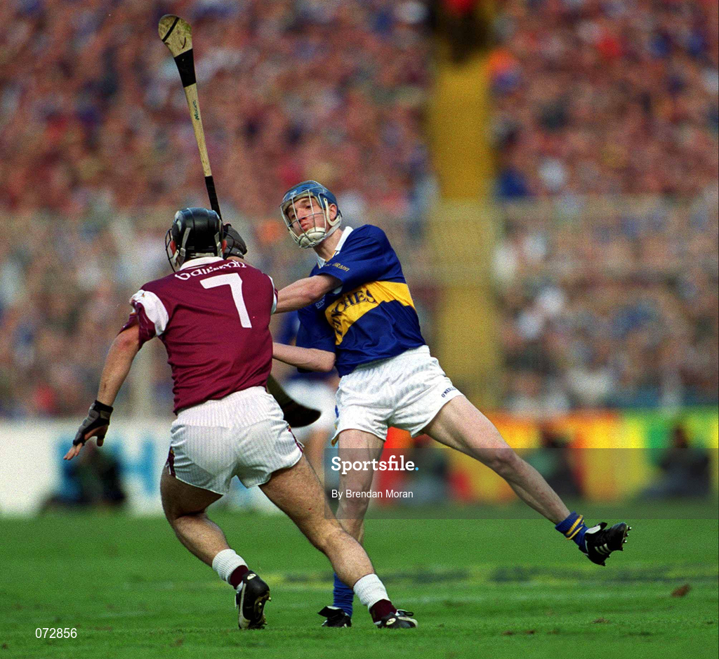 9 September 2001; Lar Corbett of Tipperary in action against Cathal Moore of Galway during the Guinness All-Ireland Senior Hurling Championship Final match between Tipperary and Galway at Croke Park in Dublin. Photo by Brendan Moran/Sportsfile
