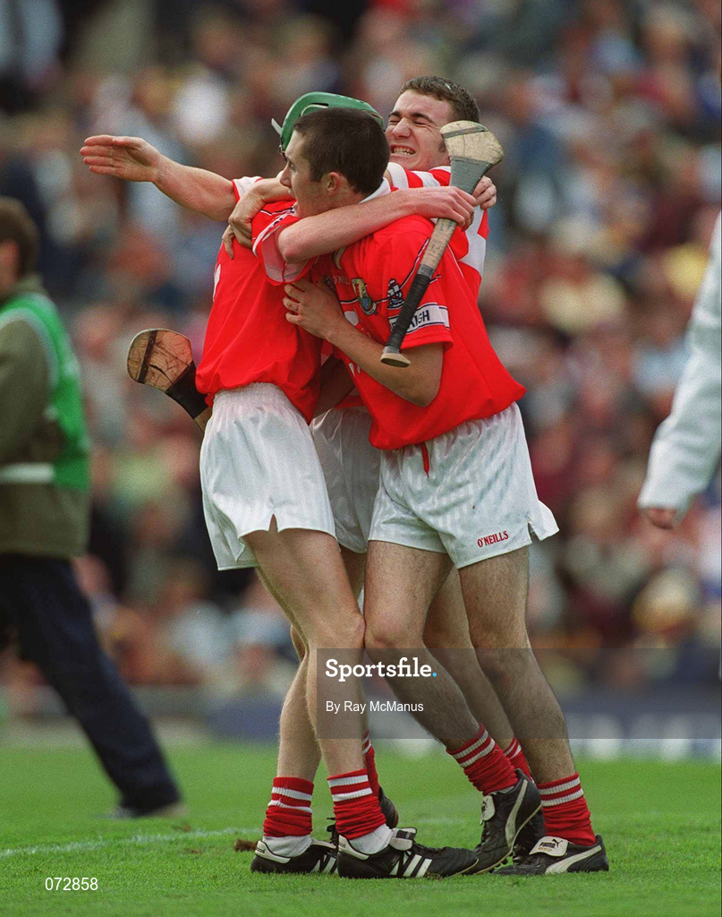 9 September 2001; Cork players Kevin Hartnett, left, Jerry O'Mahony, centre, and goalkeeper Martin Coleman celebrate their victory in the All-Ireland Minor Hurling Championship Final between Cork and Galway at Croke Park in Dublin. Photo by Ray McManus/Sportsfile