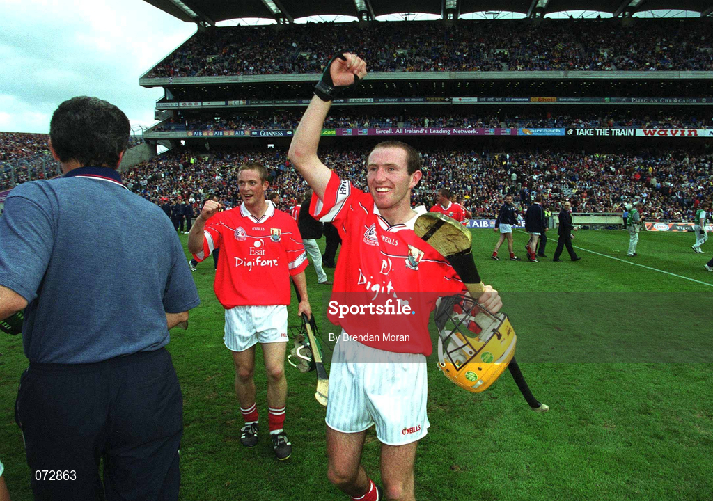 9 September 2001; Michael Prout of Cork celebrates following the All-Ireland Minor Hurling Championship Final between Cork and Galway at Croke Park in Dublin. Photo by Brendan Moran/Sportsfile