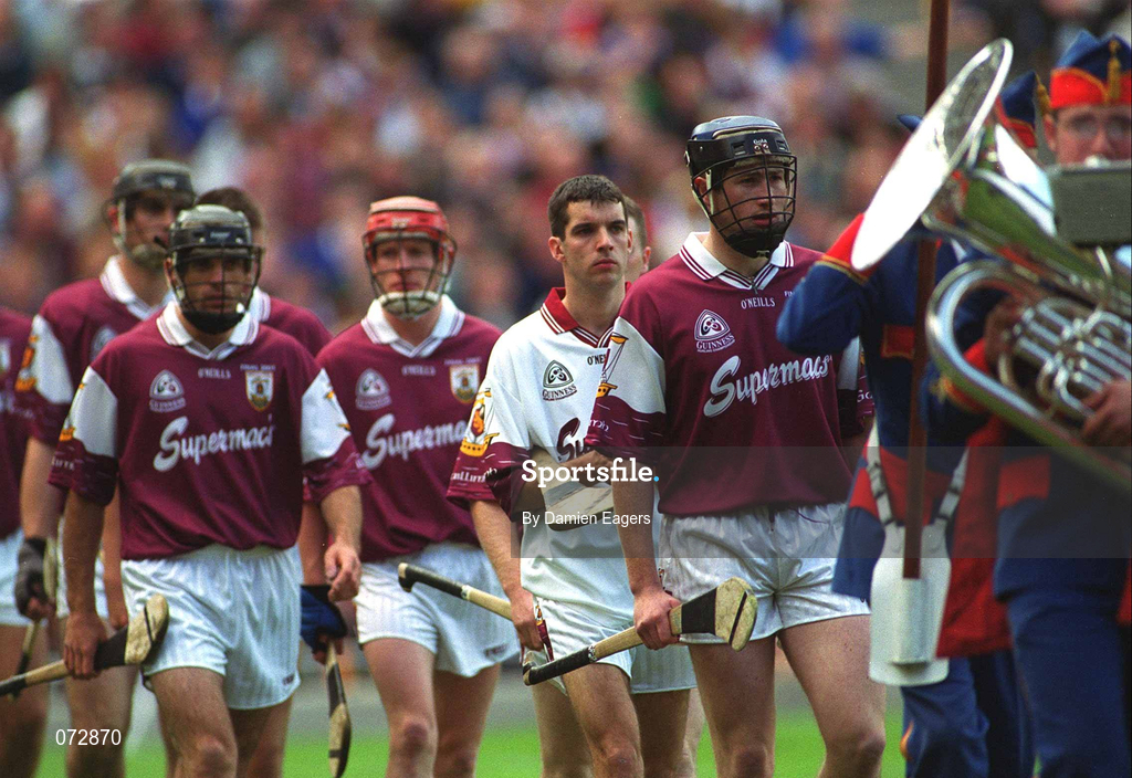 9 September 2001; The Galway team led by team captain Liam Hodgins during the pre-match parade prior to the Guinness All-Ireland Senior Hurling Championship Final match between Tipperary and Galway at Croke Park in Dublin. Photo by Damien Eagers/Sportsfile