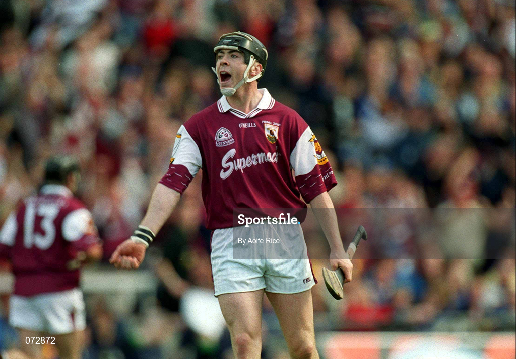9 September 2001; Eugene Cloonan of Galway celebrates after scoring his side's first goal during the Guinness All-Ireland Senior Hurling Championship Final match between Tipperary and Galway at Croke Park in Dublin. Photo by Aoife Rice/Sportsfile