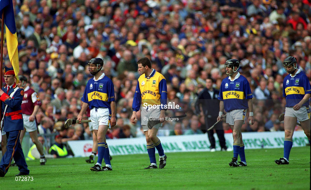 9 September 2001; The Tipperary team led by team captain Thomas Dunne during the pre-match parade prior to the Guinness All-Ireland Senior Hurling Championship Final match between Tipperary and Galway at Croke Park in Dublin. Photo by Damien Eagers/Sportsfile
