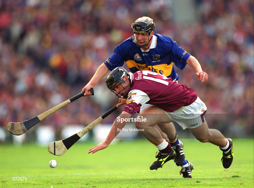 9 September 2001; Alan Kerins of Galway in action against Eddie Enright of Tipperary during the Guinness All-Ireland Senior Hurling Championship Final match between Tipperary and Galway at Croke Park in Dublin. Photo by Ray McManus/Sportsfile