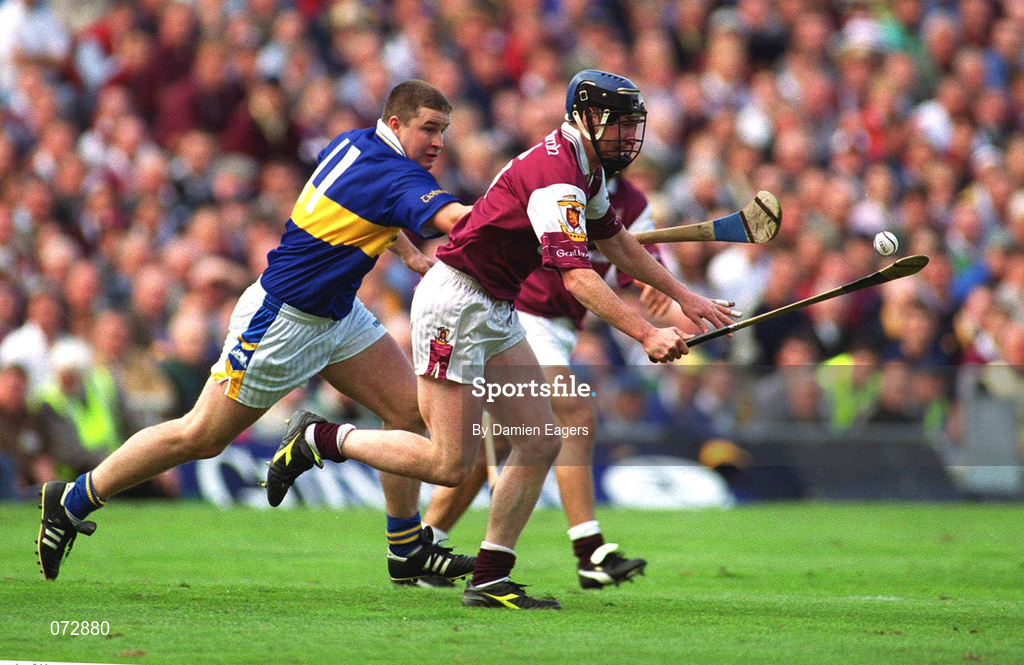 9 September 2001; Liam Hodgins of Galway in action against John Carroll of Tipperary during the Guinness All-Ireland Senior Hurling Championship Final match between Tipperary and Galway at Croke Park in Dublin. Photo by Damien Eagers/Sportsfile
