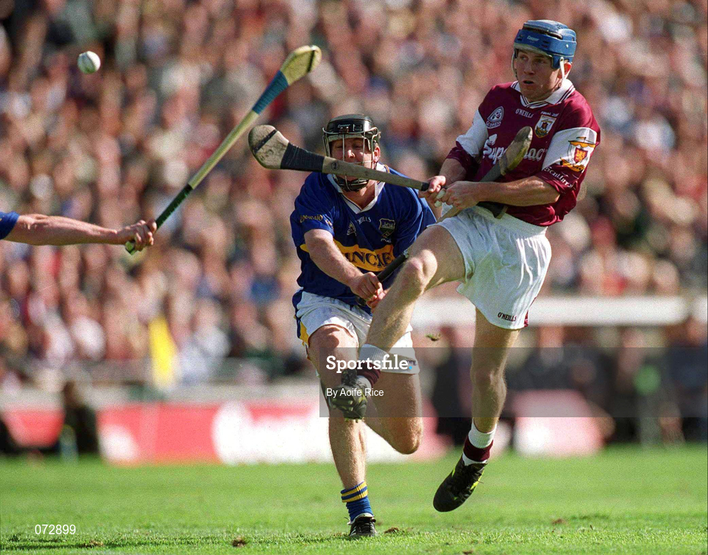 9 September 2001; Kevin Broderick of Galway in action against Eddie Enright of Tipperary during the Guinness All-Ireland Senior Hurling Championship Final match between Tipperary and Galway at Croke Park in Dublin. Photo by Aoife Rice/Sportsfile