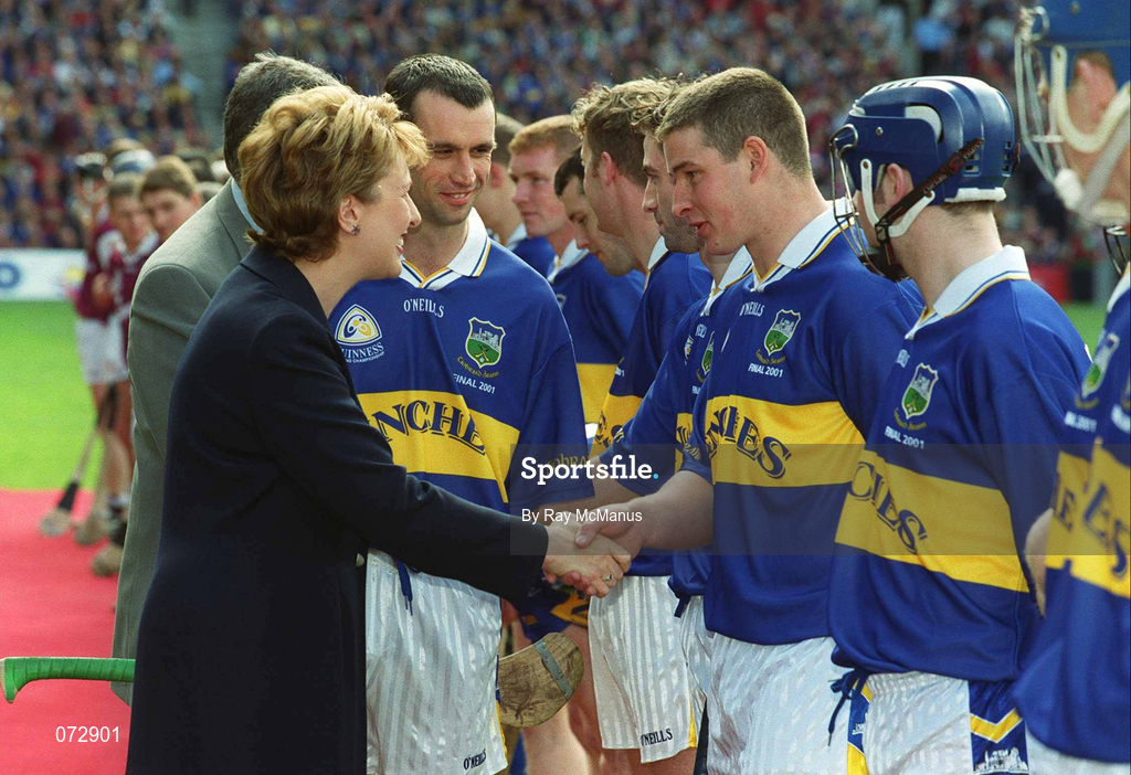 9 September 2001; Tipperary's John Carroll is introduced to President of Ireland Mary McAleese by team captain Thomas Dunne prior to the Guinness All-Ireland Senior Hurling Championship Final match between Tipperary and Galway at Croke Park in Dublin. Photo by Ray McManus/Sportsfile