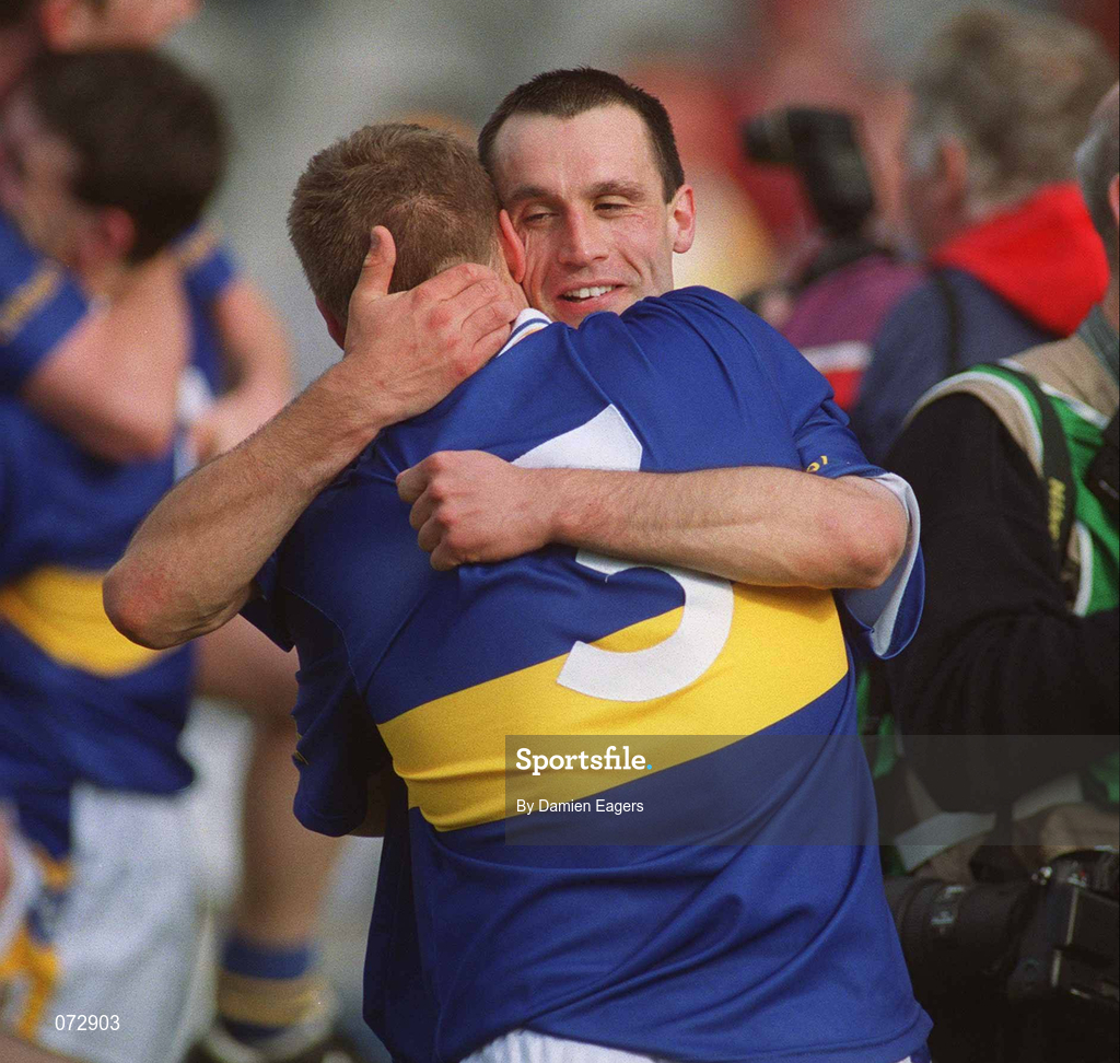9 September 2001; Tipperary's Thomas Dunne, right, and Philip Maher, 3, celebrate following the Guinness All-Ireland Senior Hurling Championship Final match between Tipperary and Galway at Croke Park in Dublin. Photo by Damien Eagers/Sportsfile