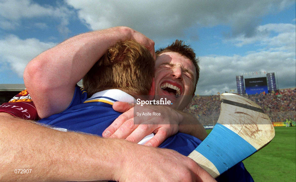 9 September 2001; David Kennedy, right, celebrates with Tipperary team-mate Declan Ryan following their victory in the Guinness All-Ireland Senior Hurling Championship Final match between Tipperary and Galway at Croke Park in Dublin. Photo by Aoife Rice/Sportsfile