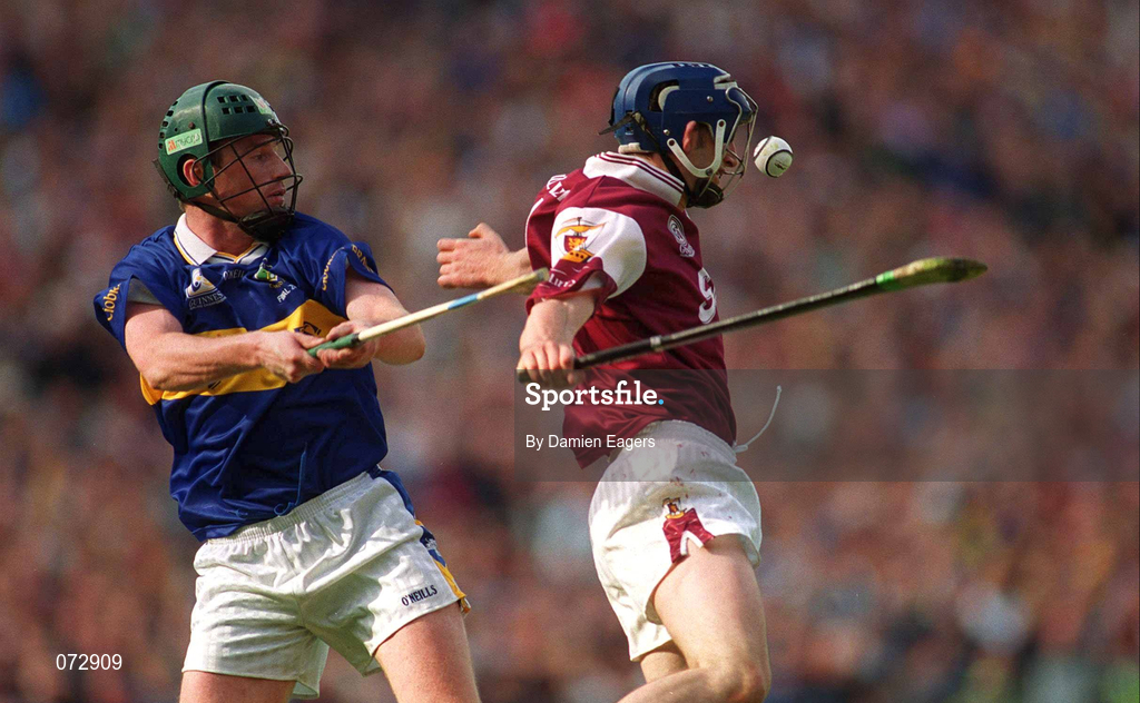 9 September 2001; Mark Kerins of Galway in action against David Kennedy of Tipperary during the Guinness All-Ireland Senior Hurling Championship Final match between Tipperary and Galway at Croke Park in Dublin. Photo by Damien Eagers/Sportsfile