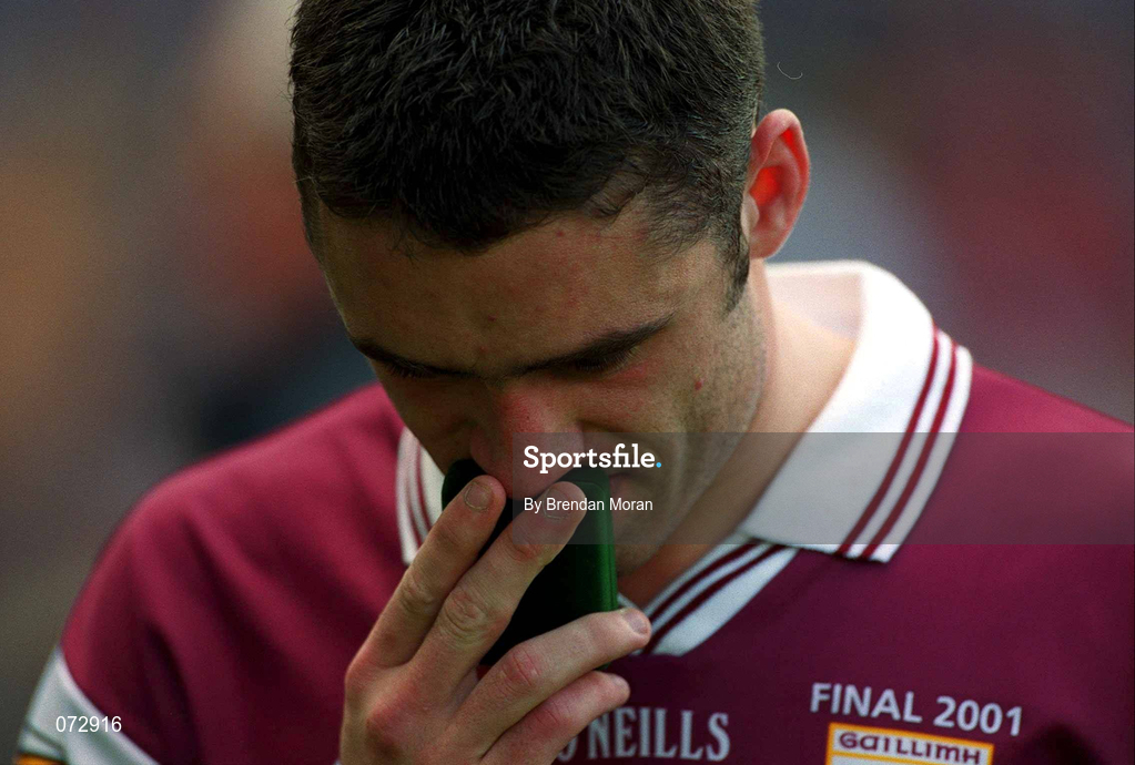 9 September 2001; Alan Kerins of Galway with his runners-up medal following his side's defeat in the Guinness All-Ireland Senior Hurling Championship Final match between Tipperary and Galway at Croke Park in Dublin. Photo by Brendan Moran/Sportsfile