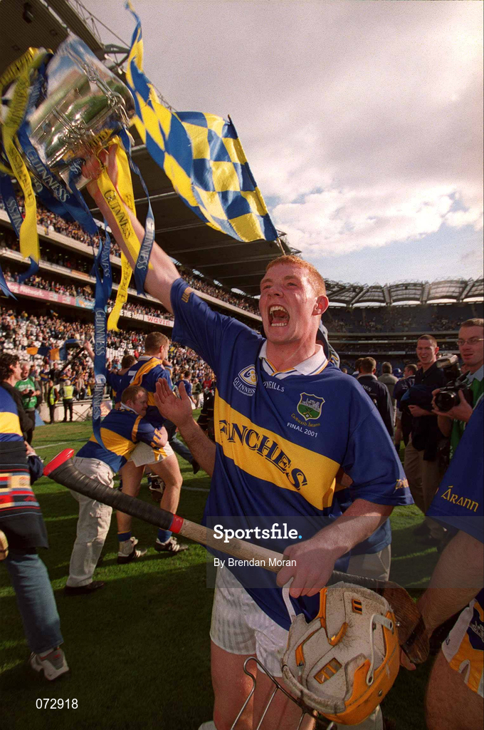 9 September 2001; Tipperary's Eamonn Corcoran celebrates with the Liam MacCarthy Cup following his side's victory in the Guinness All-Ireland Senior Hurling Championship Final match between Tipperary and Galway at Croke Park in Dublin. Photo by Brendan Moran/Sportsfile