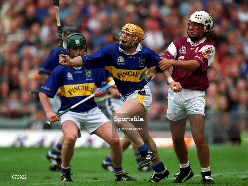 9 September 2001; Paul Ormonde of Tipperary is tackled by David Tierney of Galway during the Guinness All-Ireland Senior Hurling Championship Final match between Tipperary and Galway at Croke Park in Dublin. Photo by Brendan Moran/Sportsfile