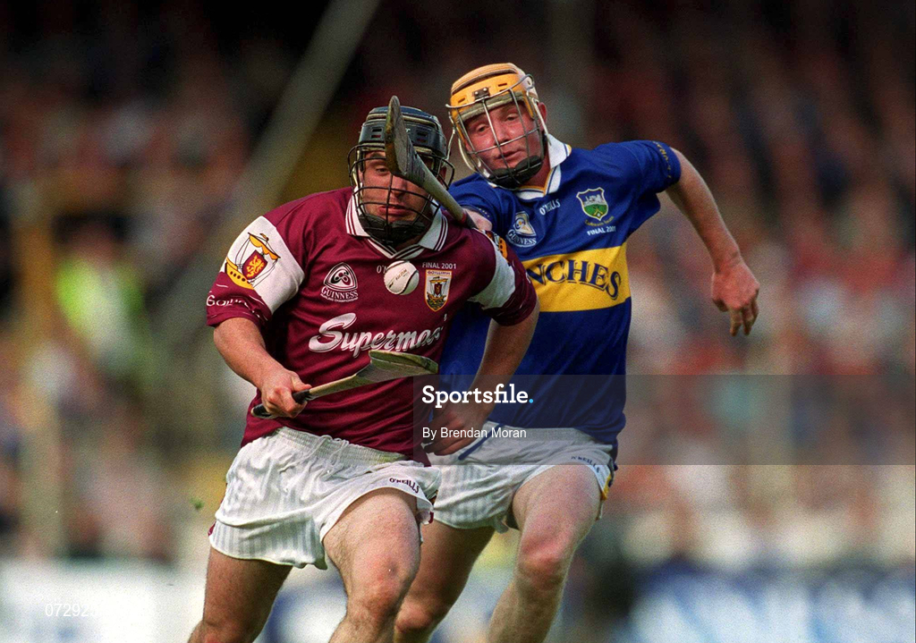 9 September 2001; Alan Kerins of Galway in action against Paul Ormonde of Tipperary during the Guinness All-Ireland Senior Hurling Championship Final match between Tipperary and Galway at Croke Park in Dublin. Photo by Brendan Moran/Sportsfile