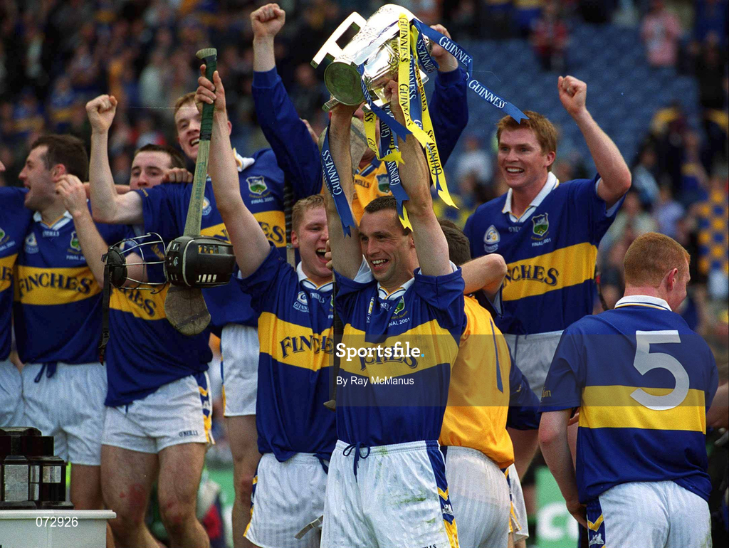 9 September 2001; Thomas Dunne of Tipperary lifts the Liam MacCarthy Cup following his side's victory in the Guinness All-Ireland Senior Hurling Championship Final match between Tipperary and Galway at Croke Park in Dublin. Photo by Ray McManus/Sportsfile