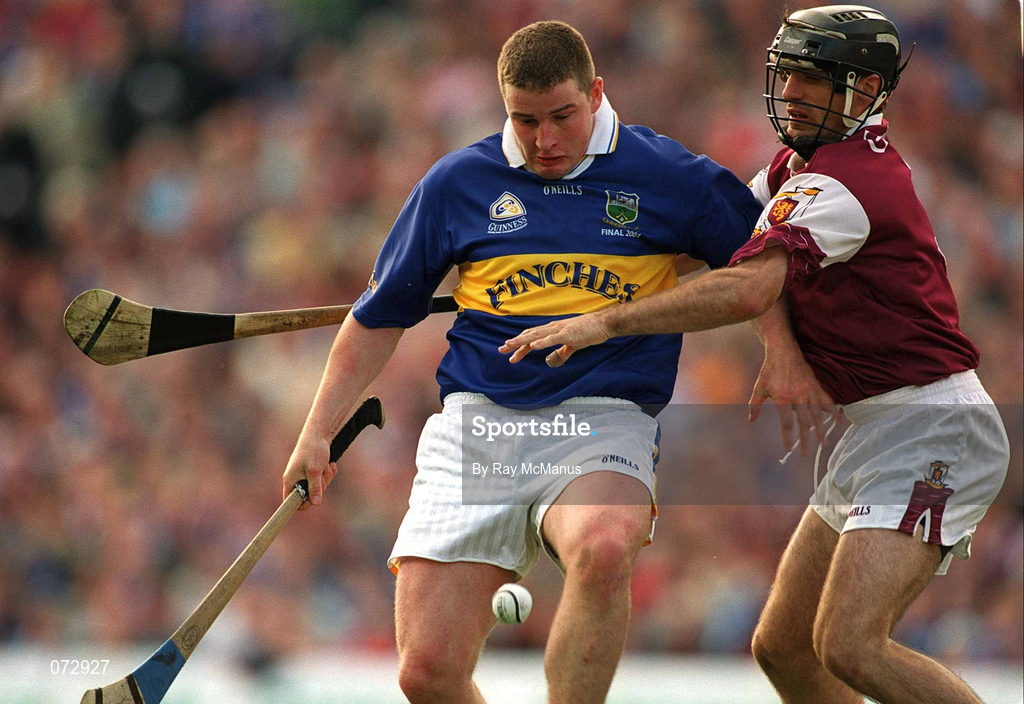 9 September 2001; John Carroll of Tipperary is tackled by Michael Healy of Galway during the Guinness All-Ireland Senior Hurling Championship Final match between Tipperary and Galway at Croke Park in Dublin. Photo by Ray McManus/Sportsfile