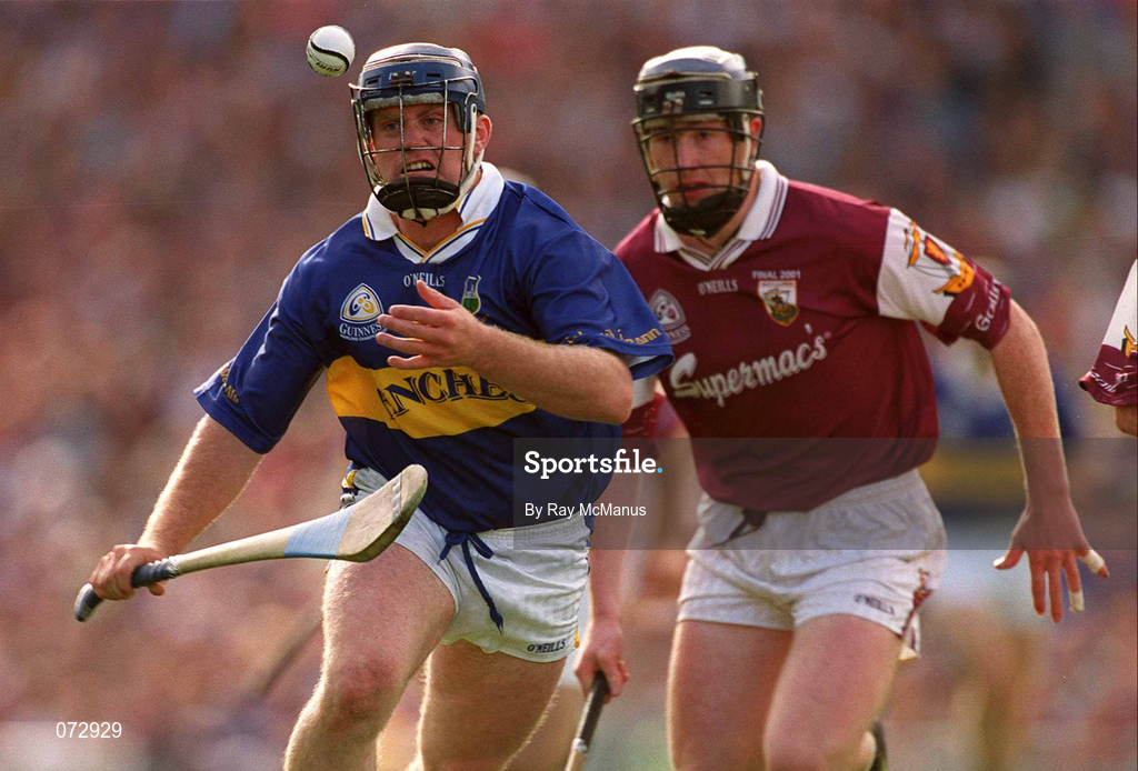 9 September 2001; Eugene O'Neill of Tipperary in action against Liam Hodgins of Galway during the Guinness All-Ireland Senior Hurling Championship Final match between Tipperary and Galway at Croke Park in Dublin. Photo by Ray McManus/Sportsfile
