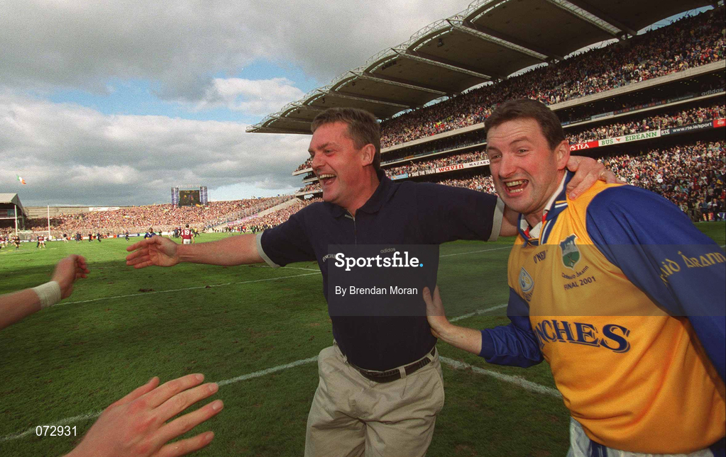 9 September 2001; Tipperary manager Nicky English celebrates with goalkeeper Brendan Cummins at the final whistle of the Guinness All-Ireland Senior Hurling Championship Final match between Tipperary and Galway at Croke Park in Dublin. Photo by Brendan Moran/Sportsfile
