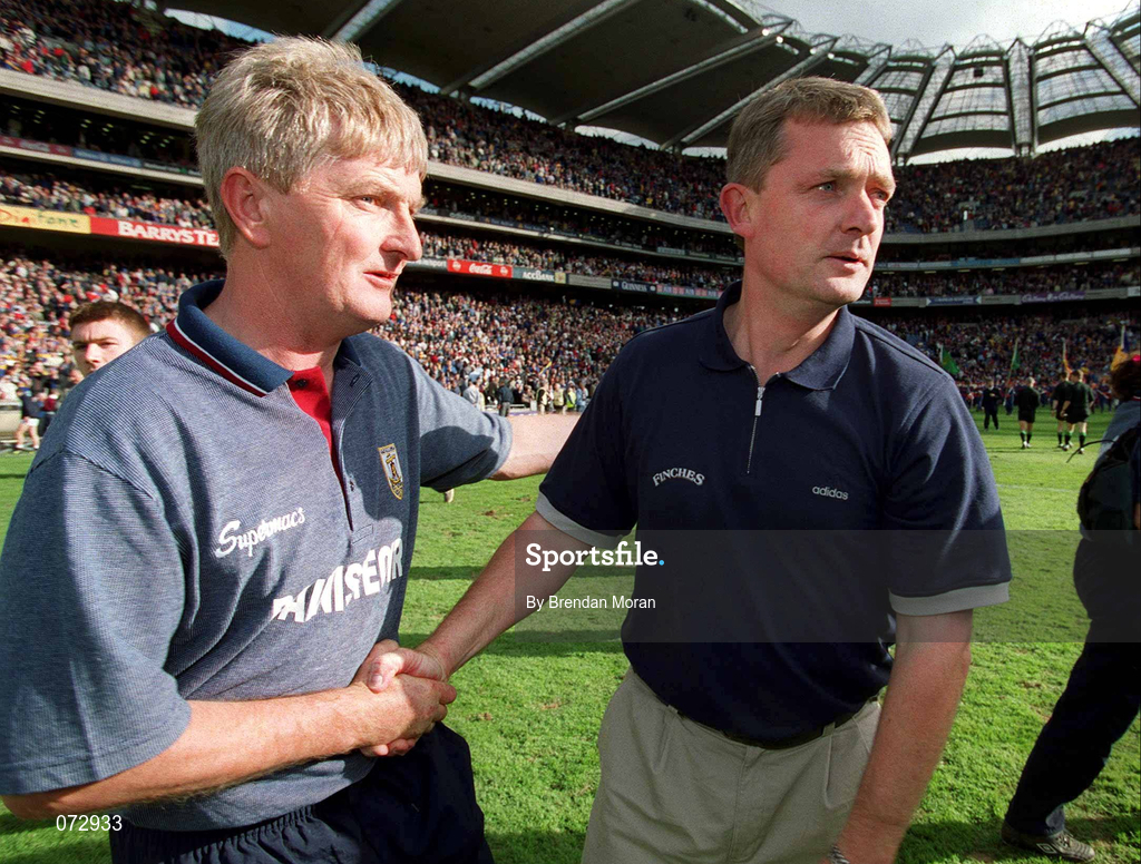 9 September 2001; Tipperary manager Nicky English, right, is congratulated by Galway manager Noel Lane following the Guinness All-Ireland Senior Hurling Championship Final match between Tipperary and Galway at Croke Park in Dublin. Photo by Brendan Moran/Sportsfile