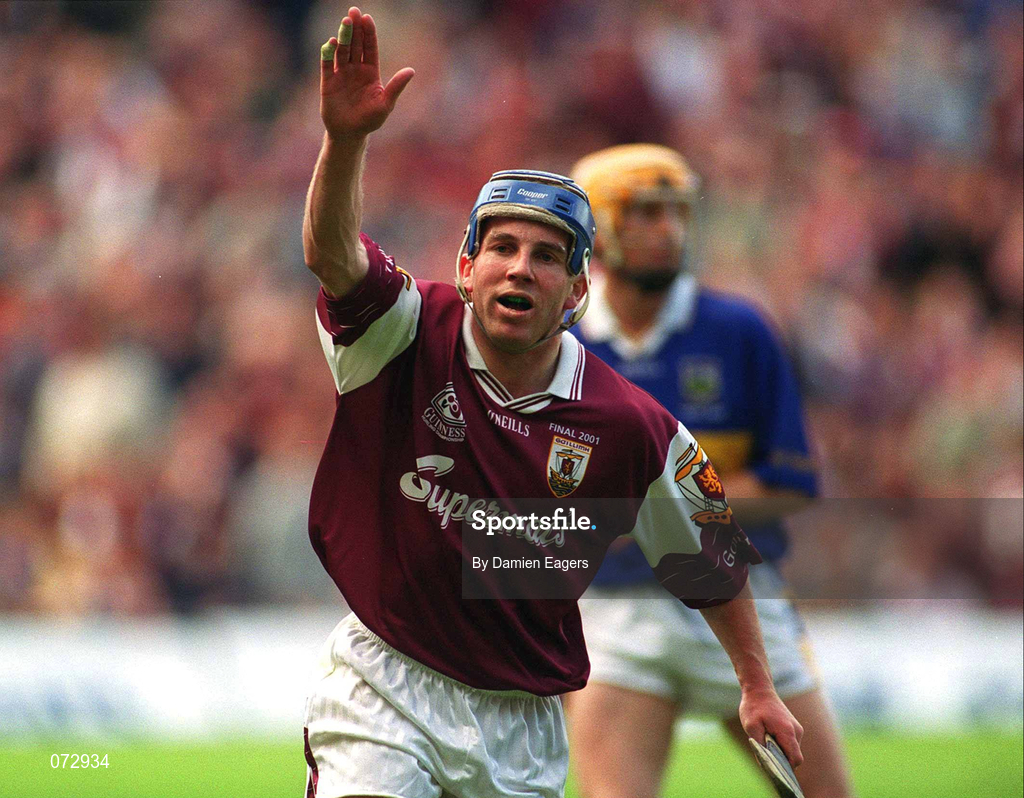9 September 2001; Kevin Broderick of Galway celebrates scoring a goal, which was subsequently disallowed, during the Guinness All-Ireland Senior Hurling Championship Final match between Tipperary and Galway at Croke Park in Dublin. Photo by Damien Eagers/Sportsfile