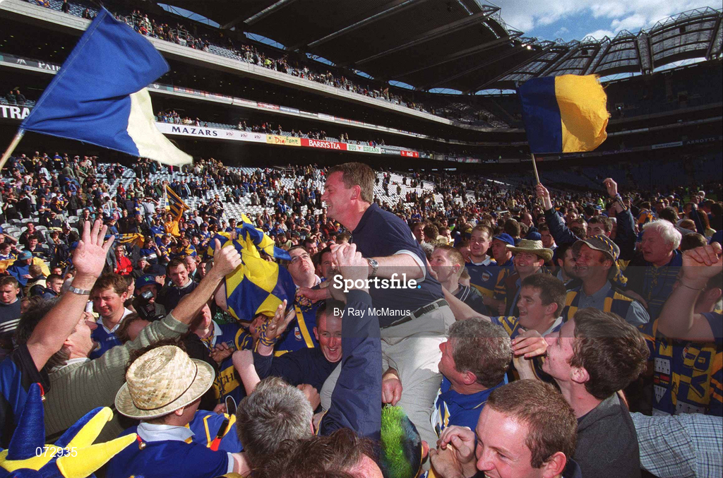 9 September 2001; Tipperary manager Nicky English is carried shoulder high by Tipperary supporters following their victory in the Guinness All-Ireland Senior Hurling Championship Final match between Tipperary and Galway at Croke Park in Dublin. Photo by Ray McManus/Sportsfile